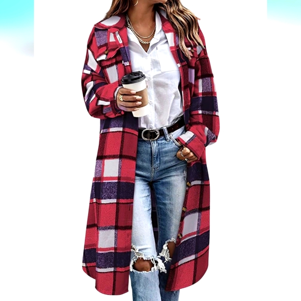 Women's Casual Plaid Lapel Woolen Button Up Pocketed Long Shacket Coat Red Blue